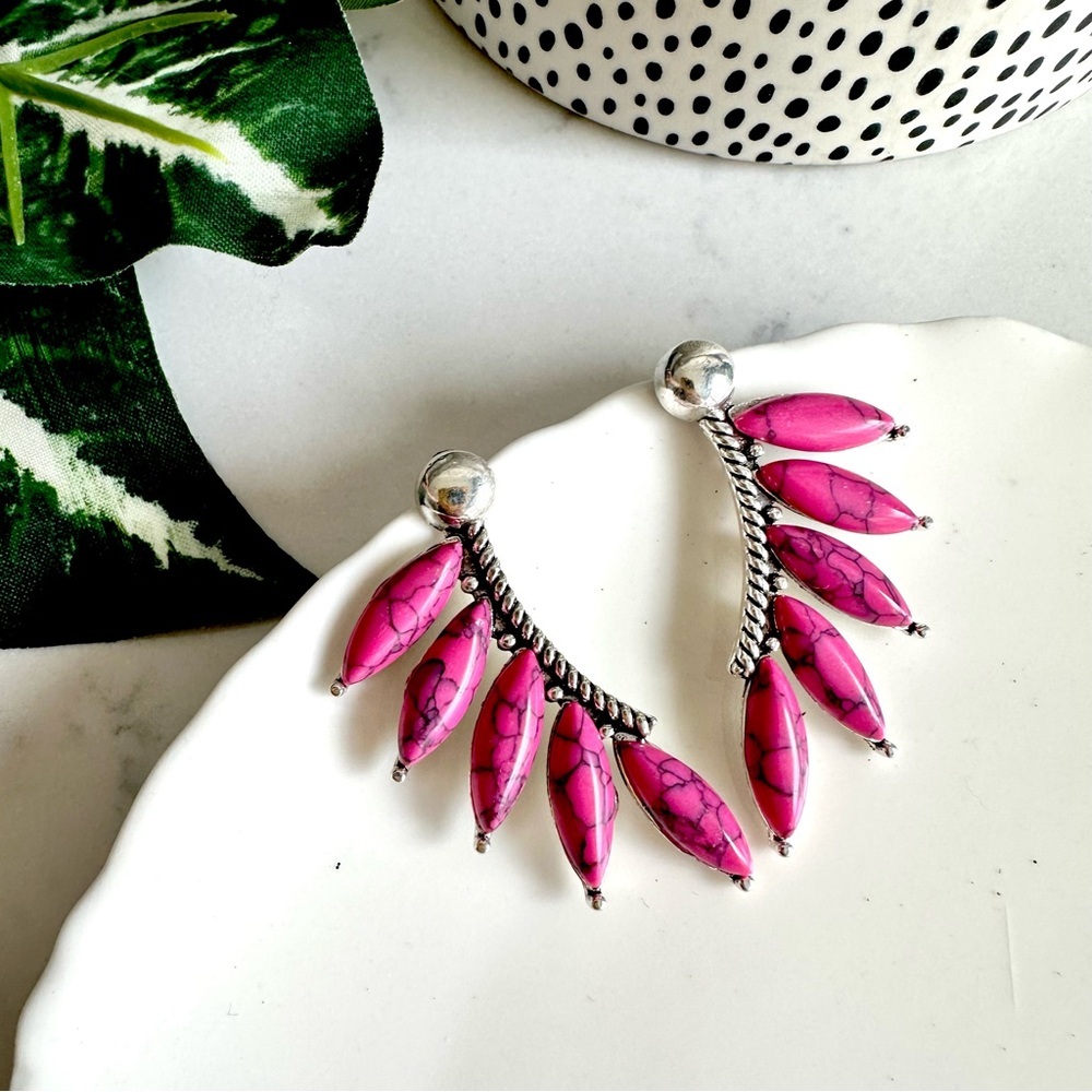 3/$22🩶 Western Pink Stone Feather Silver Stud Earrings Southwestern Cowgirl NEW